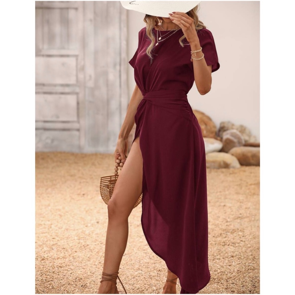 Boho Burgundy Twist Detail Split Leg Sexy Maxi Dress - Picture 1 of 7